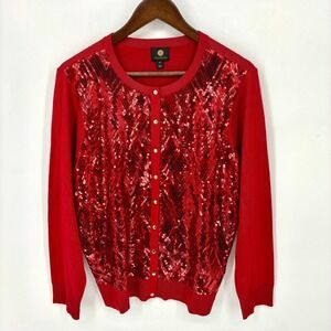 JM Collection Red Sequin Cardigan Holiday Sweater XL Sparkle Button Up